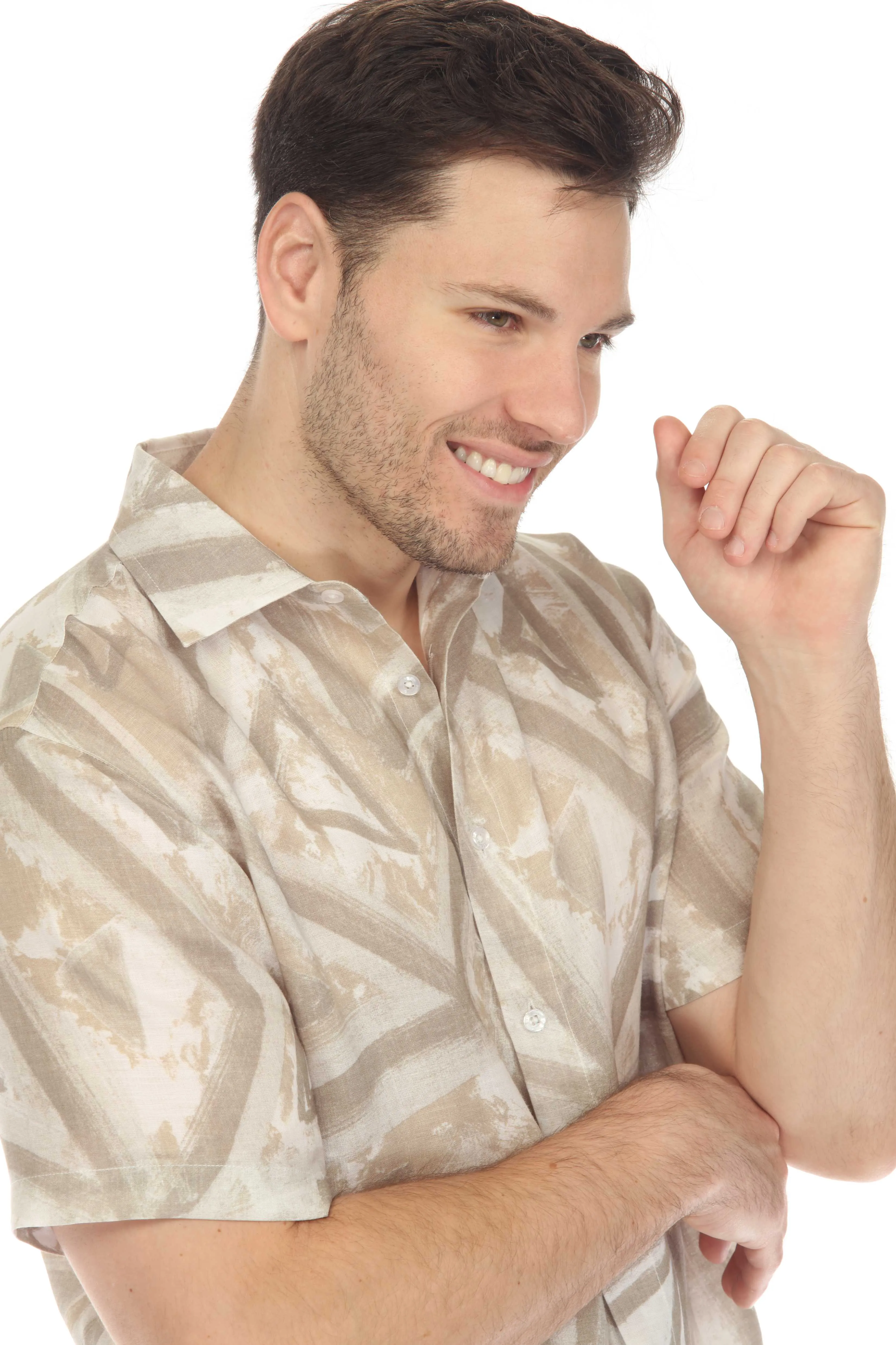 100% Linen Neutral Geo Print Short Sleeve Shirt