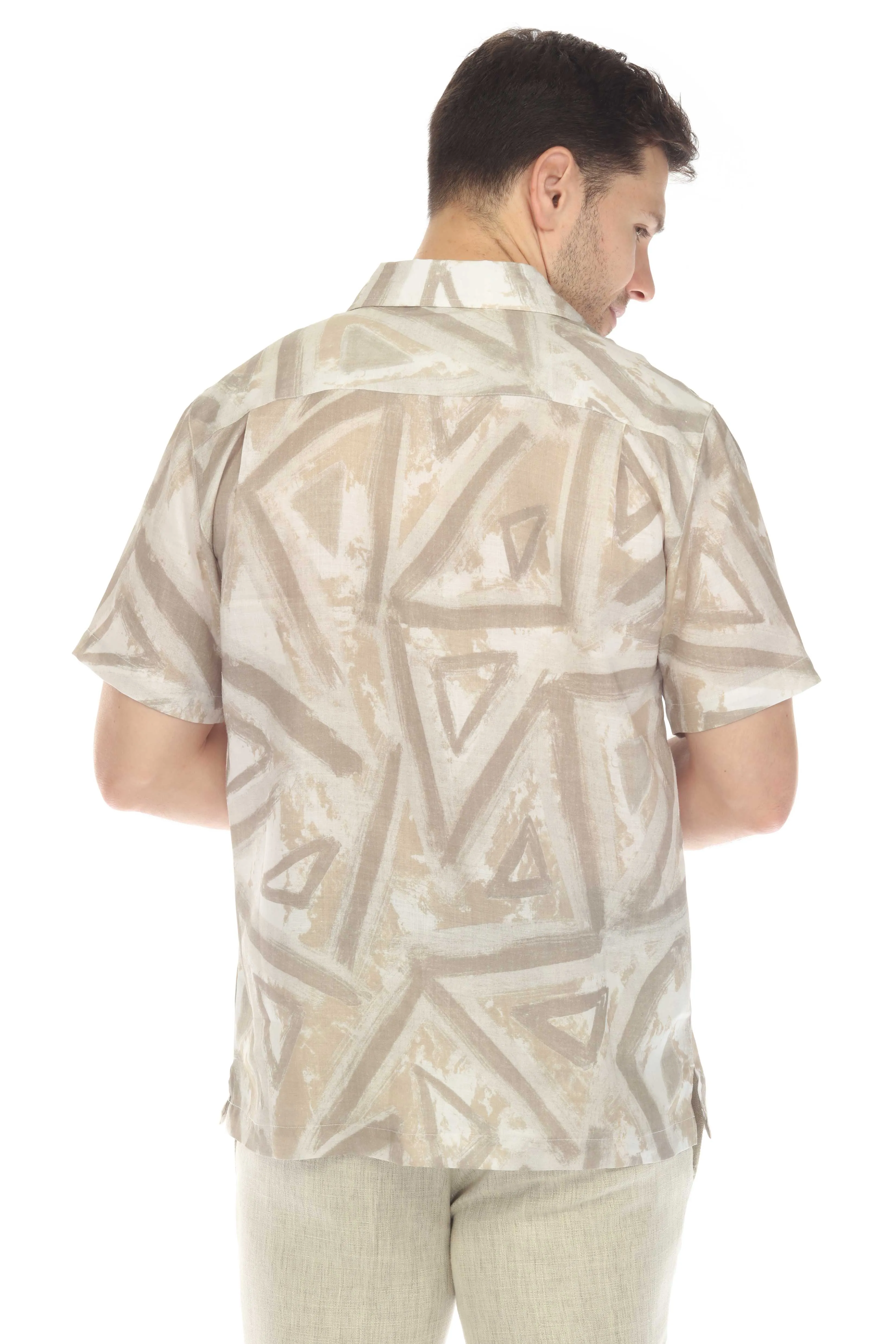 100% Linen Neutral Geo Print Short Sleeve Shirt