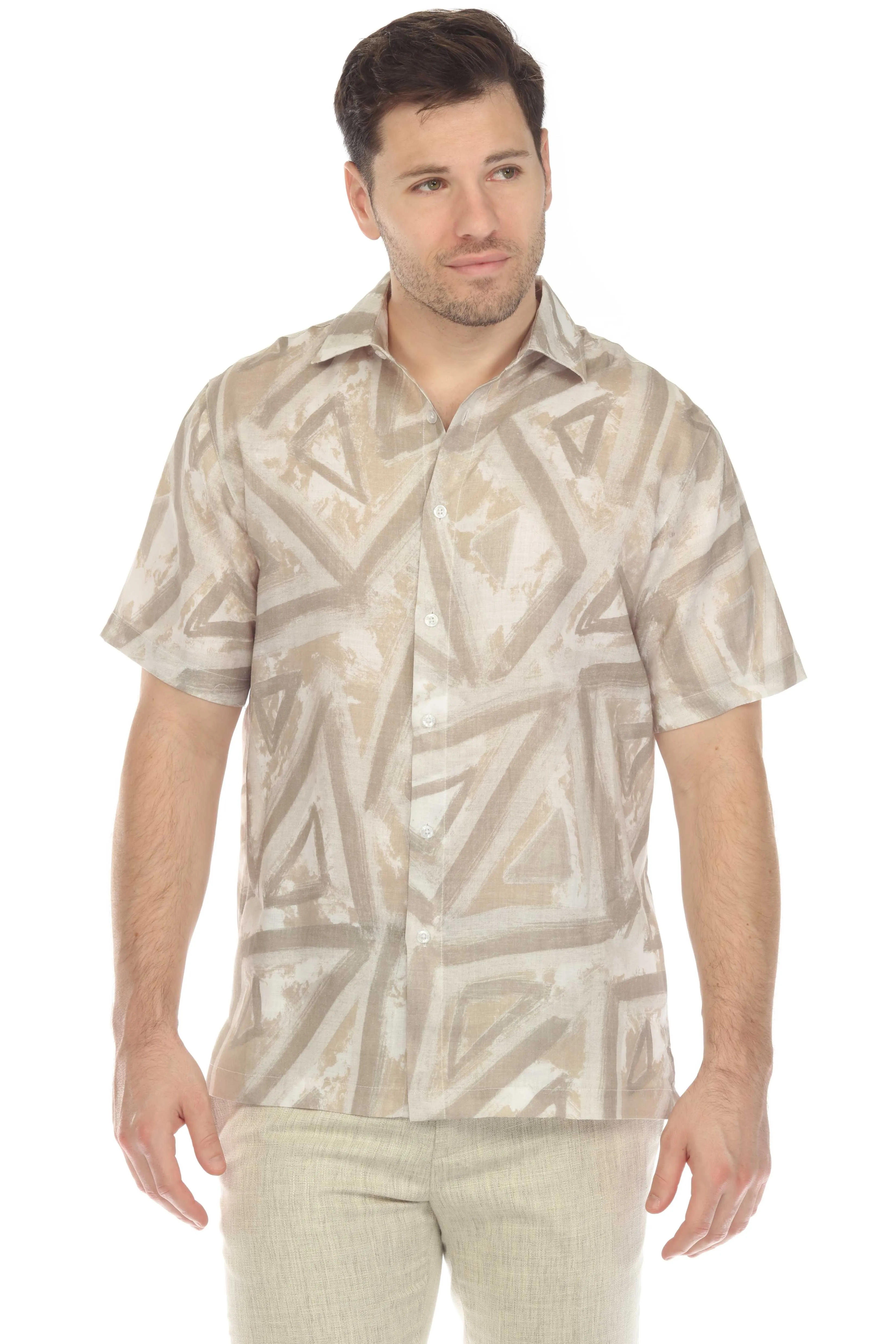 100% Linen Neutral Geo Print Short Sleeve Shirt