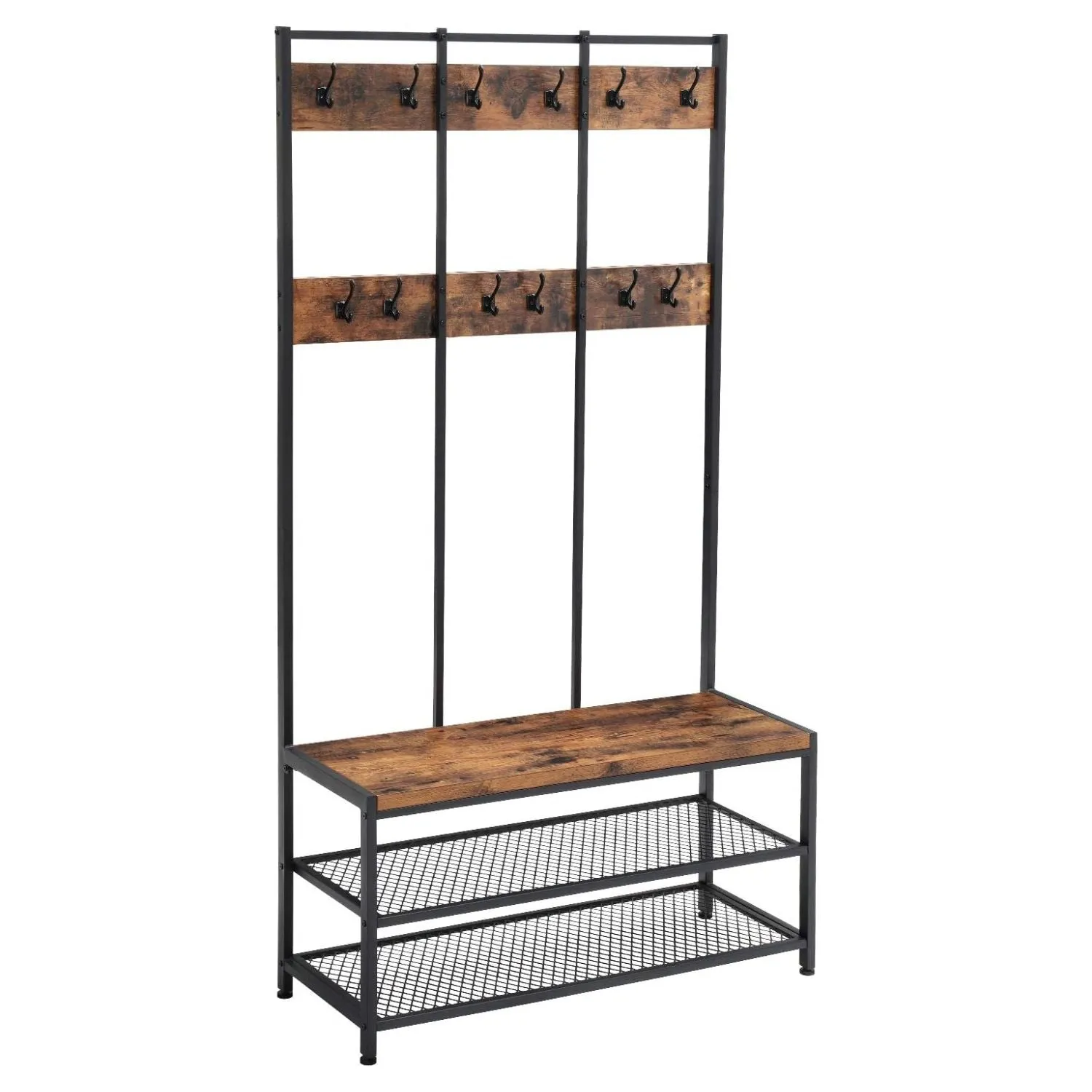 12 Hook Coat Rack Stand with Shoe Bench, Steel Frame - Vasagle