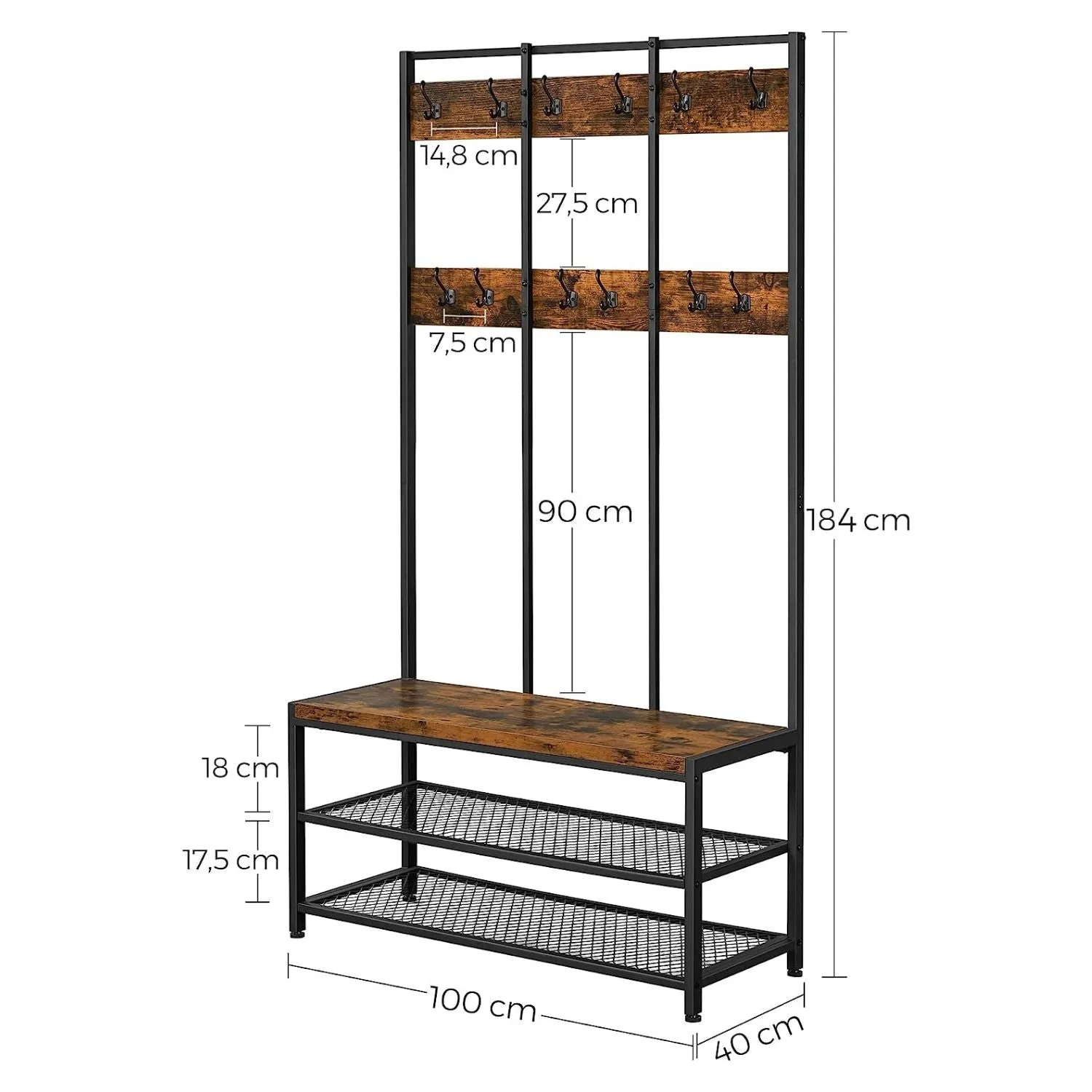 12 Hook Coat Rack Stand with Shoe Bench, Steel Frame - Vasagle