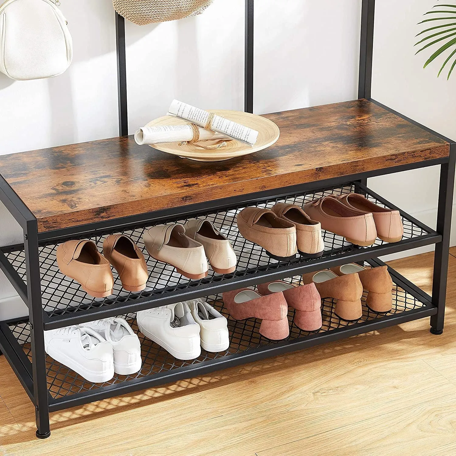 12 Hook Coat Rack Stand with Shoe Bench, Steel Frame - Vasagle