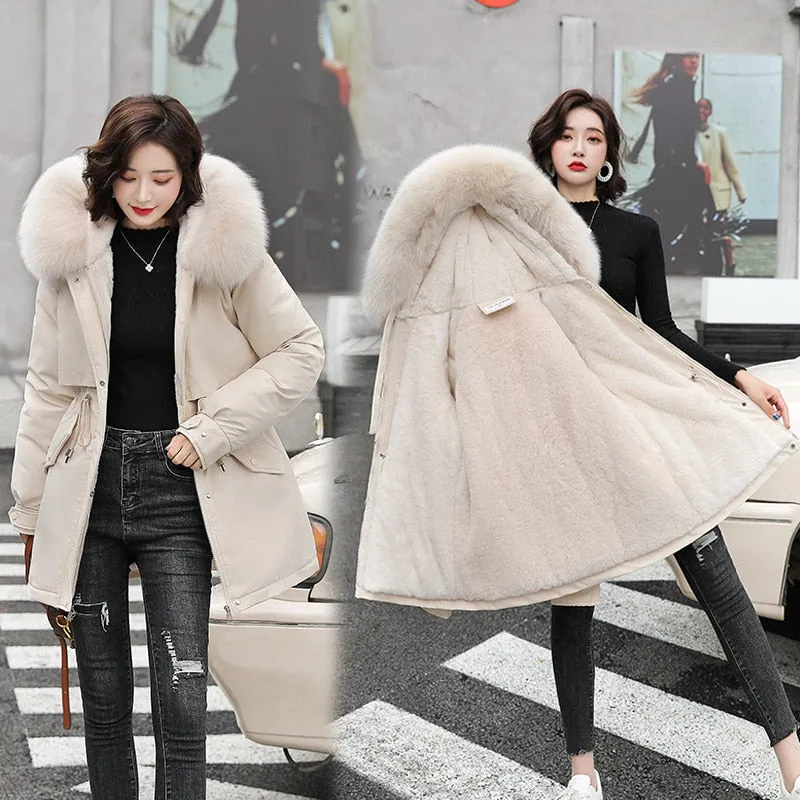 2022 New Winter Jacket Women Parka Fashion Long Coat Wool Liner Hooded Parkas Slim With Fur Collar Warm Snow Wear Padded Clothes