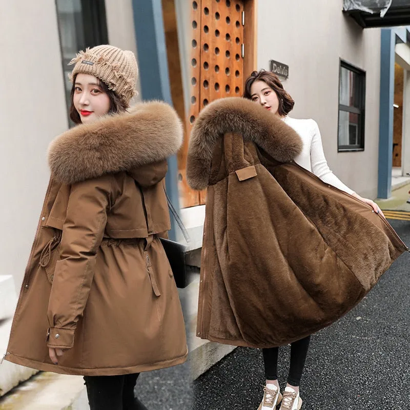 2022 New Winter Jacket Women Parka Fashion Long Coat Wool Liner Hooded Parkas Slim With Fur Collar Warm Snow Wear Padded Clothes