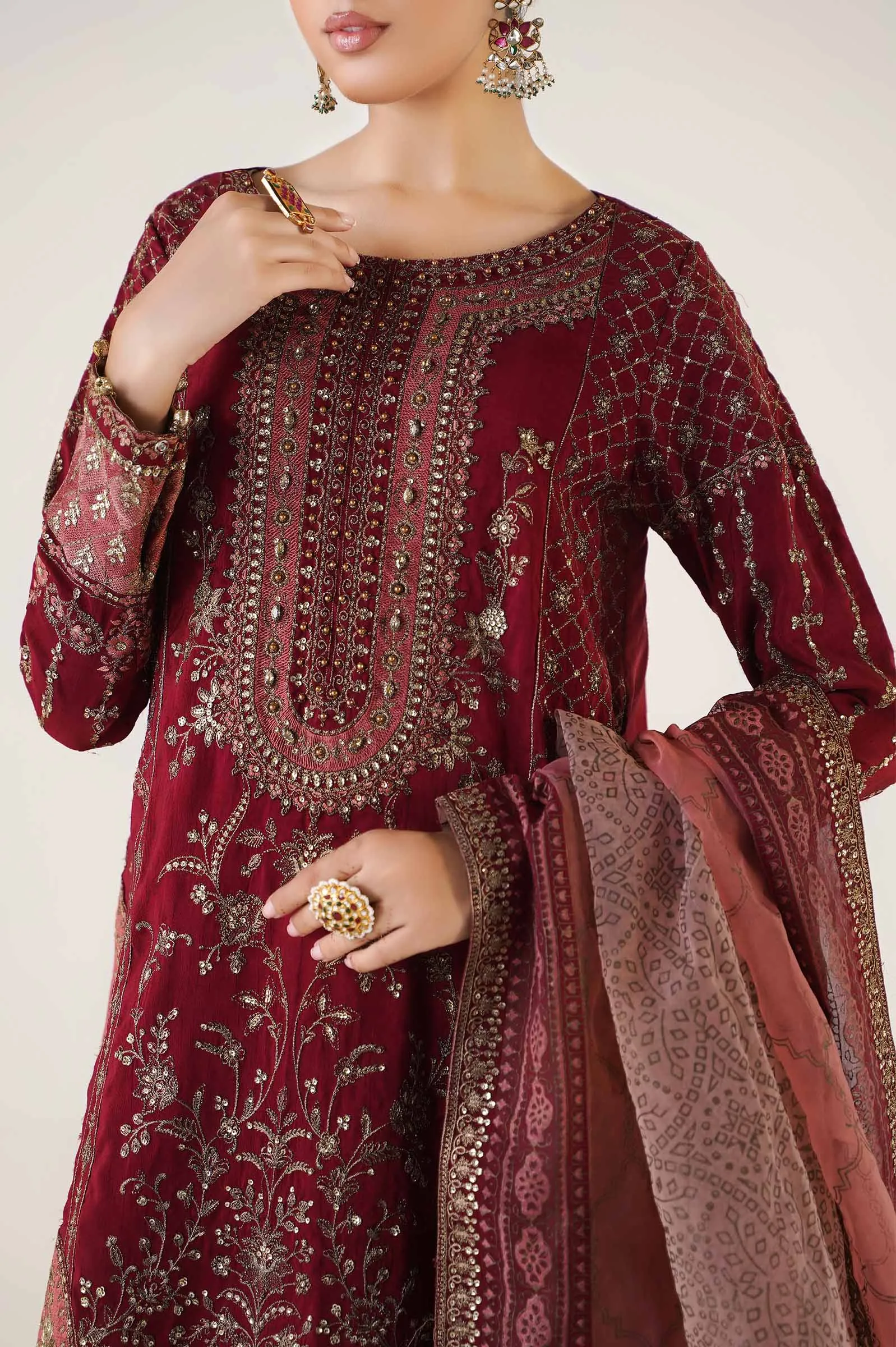 3 Piece Embroidered Raw Silk Suit | SF-EA24-19