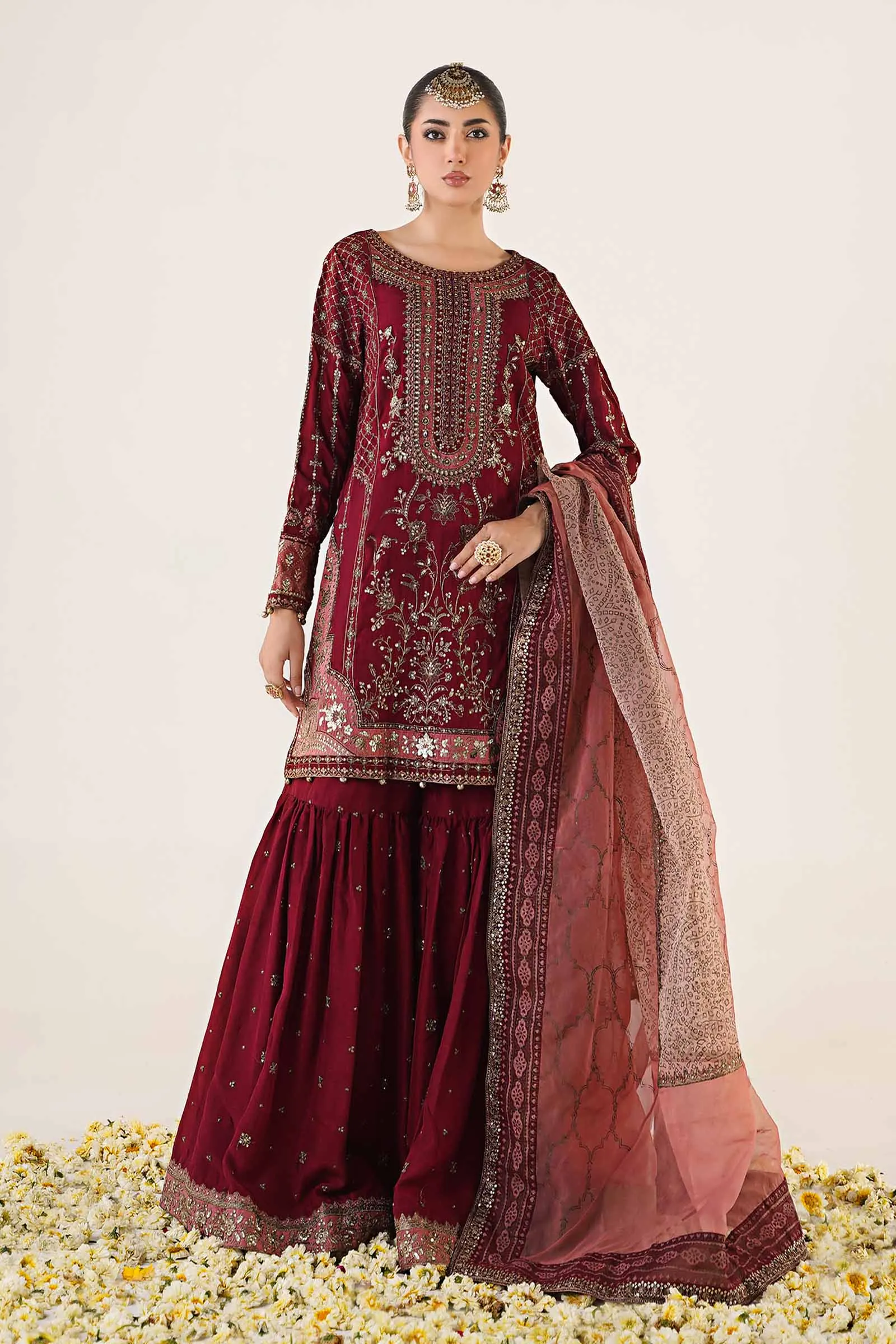 3 Piece Embroidered Raw Silk Suit | SF-EA24-19