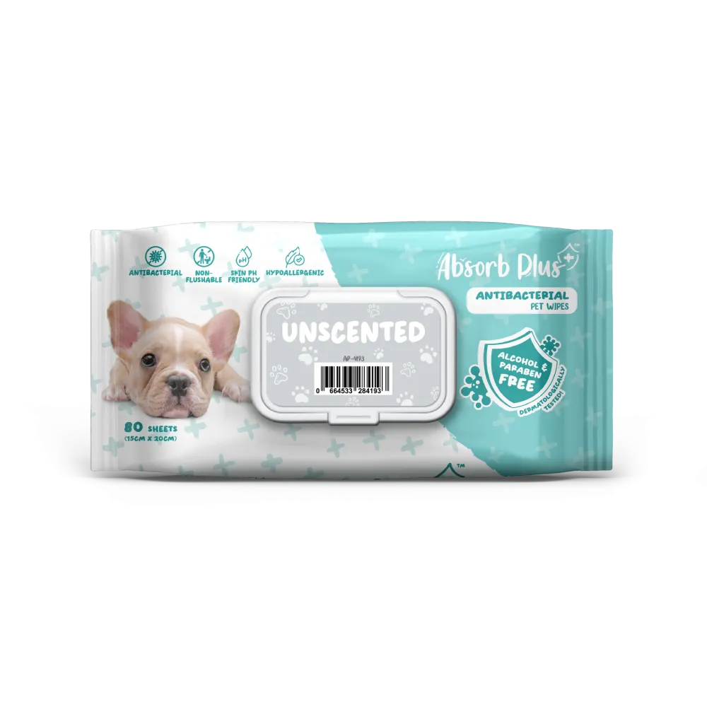 Absorb Plus AntiBacterial Pet Wipes Unscented 15cm x 20cm - 80sheets