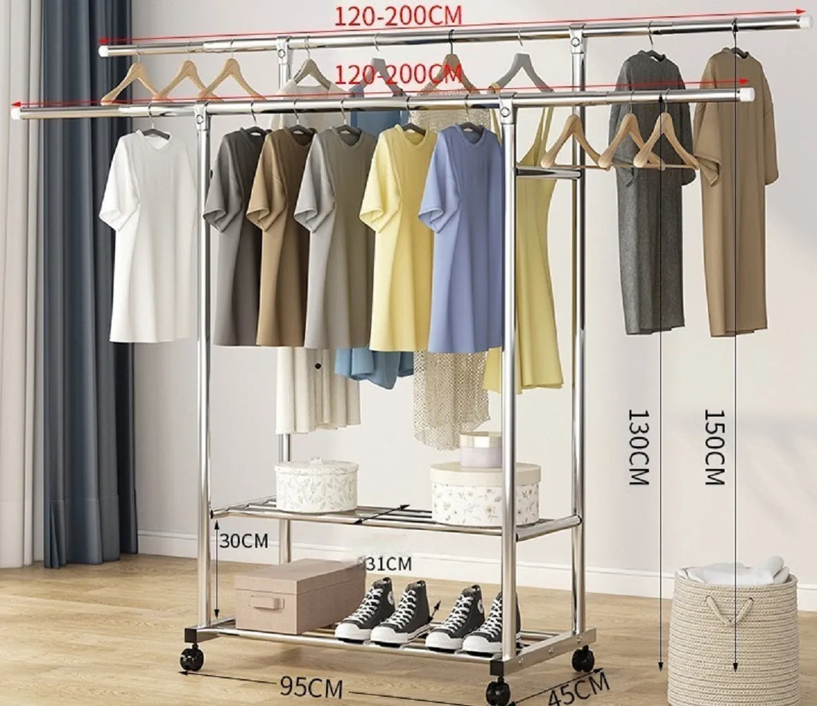 Adjustable Stainless Steel Clothes Rack with Shelf & Wheels - Ekkio