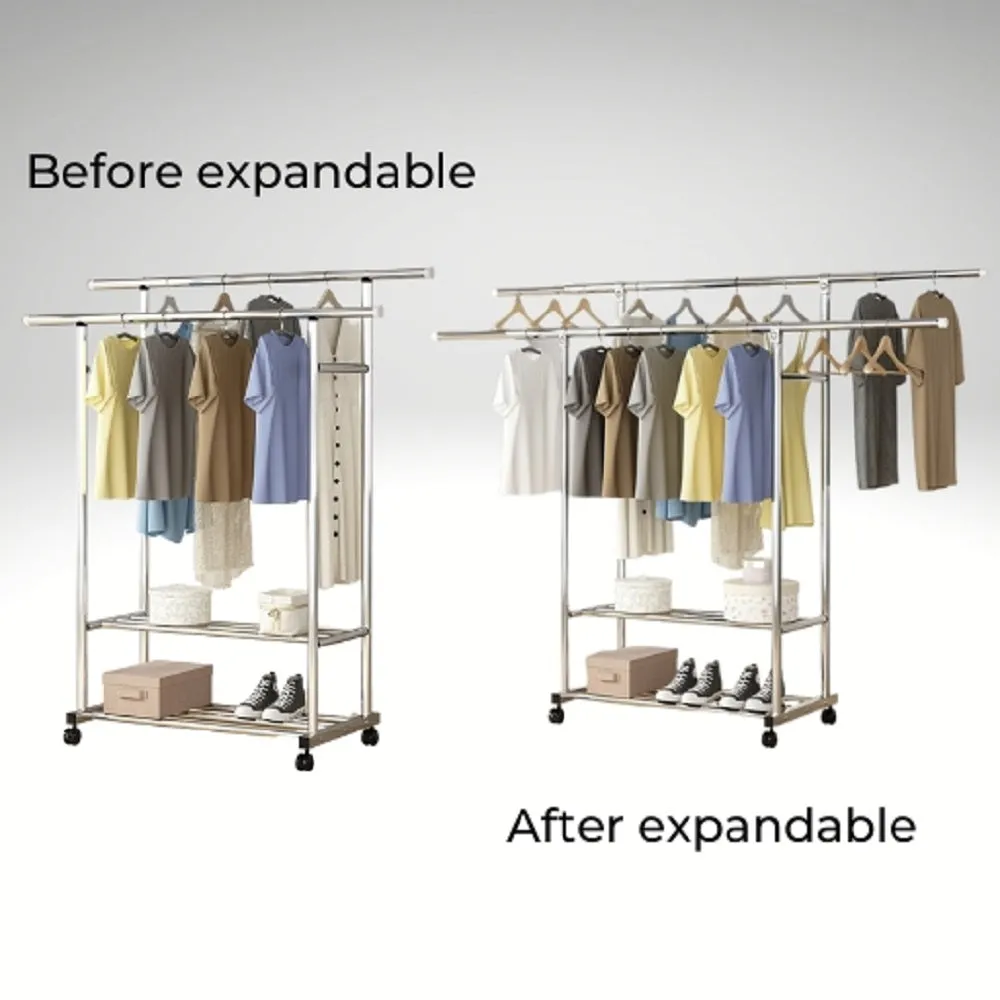 Adjustable Stainless Steel Clothes Rack with Shelf & Wheels - Ekkio