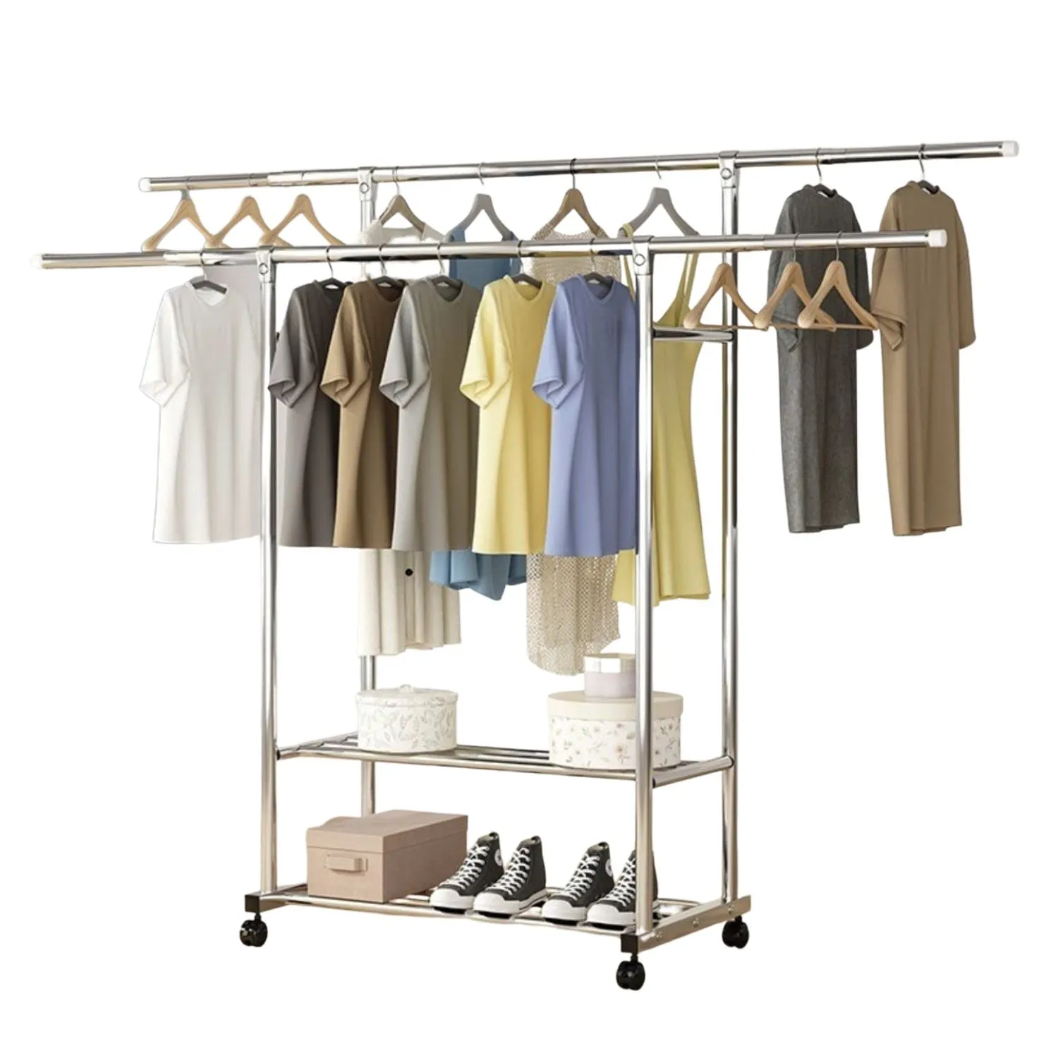 Adjustable Stainless Steel Clothes Rack with Shelf & Wheels - Ekkio