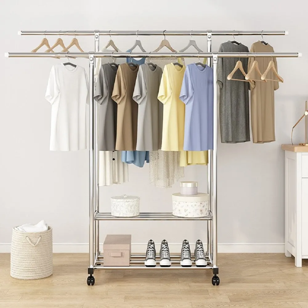 Adjustable Stainless Steel Clothes Rack with Shelf & Wheels - Ekkio