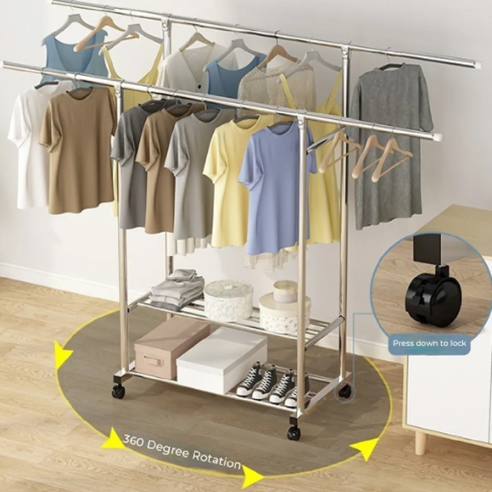 Adjustable Stainless Steel Clothes Rack with Shelf & Wheels - Ekkio