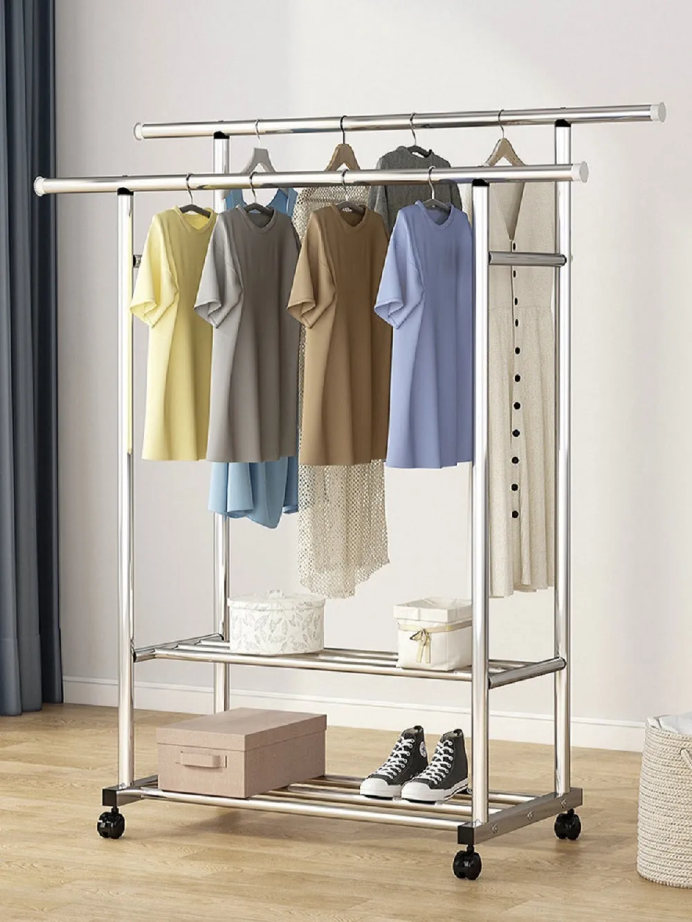 Adjustable Stainless Steel Clothes Rack with Shelf & Wheels - Ekkio