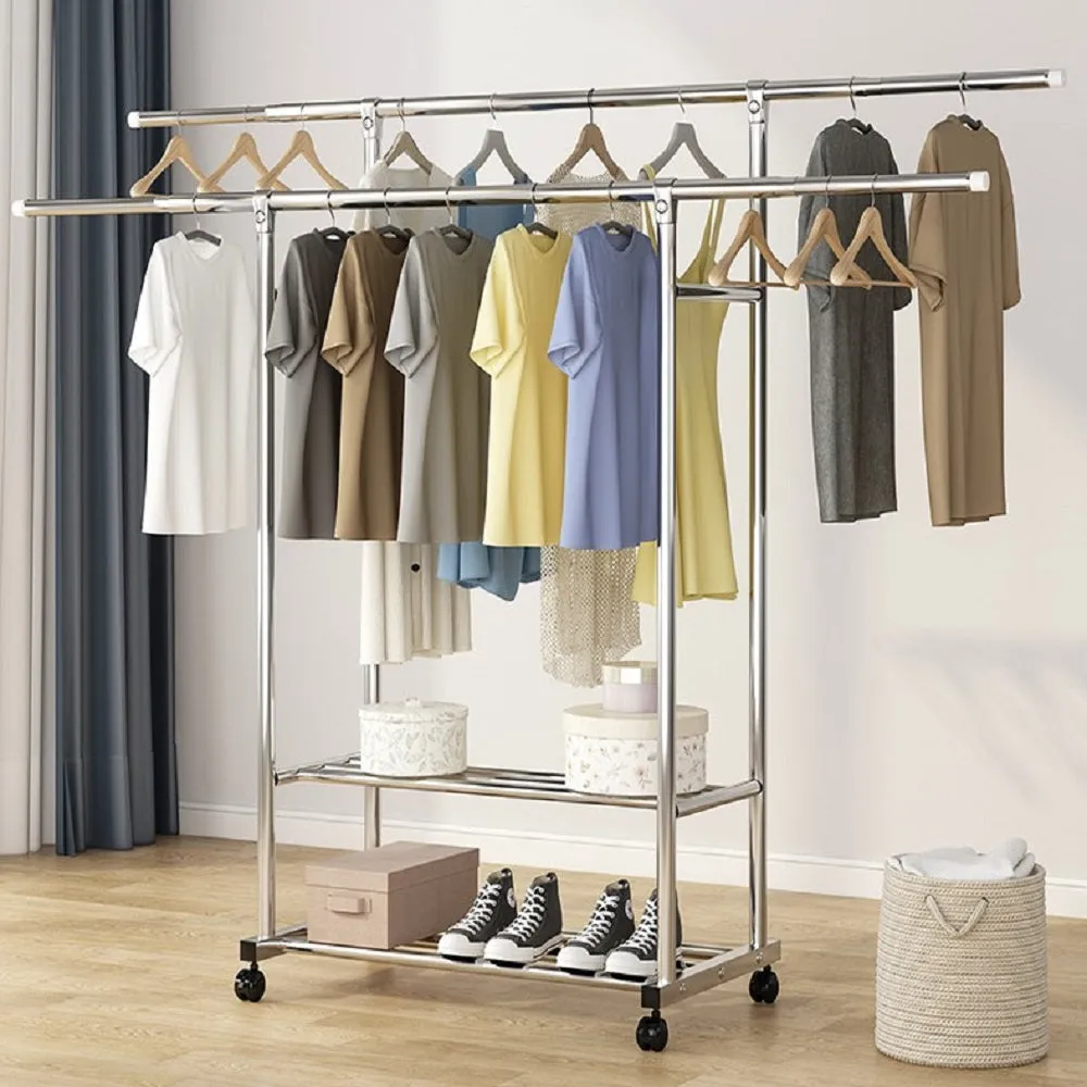 Adjustable Stainless Steel Clothes Rack with Shelf & Wheels - Ekkio