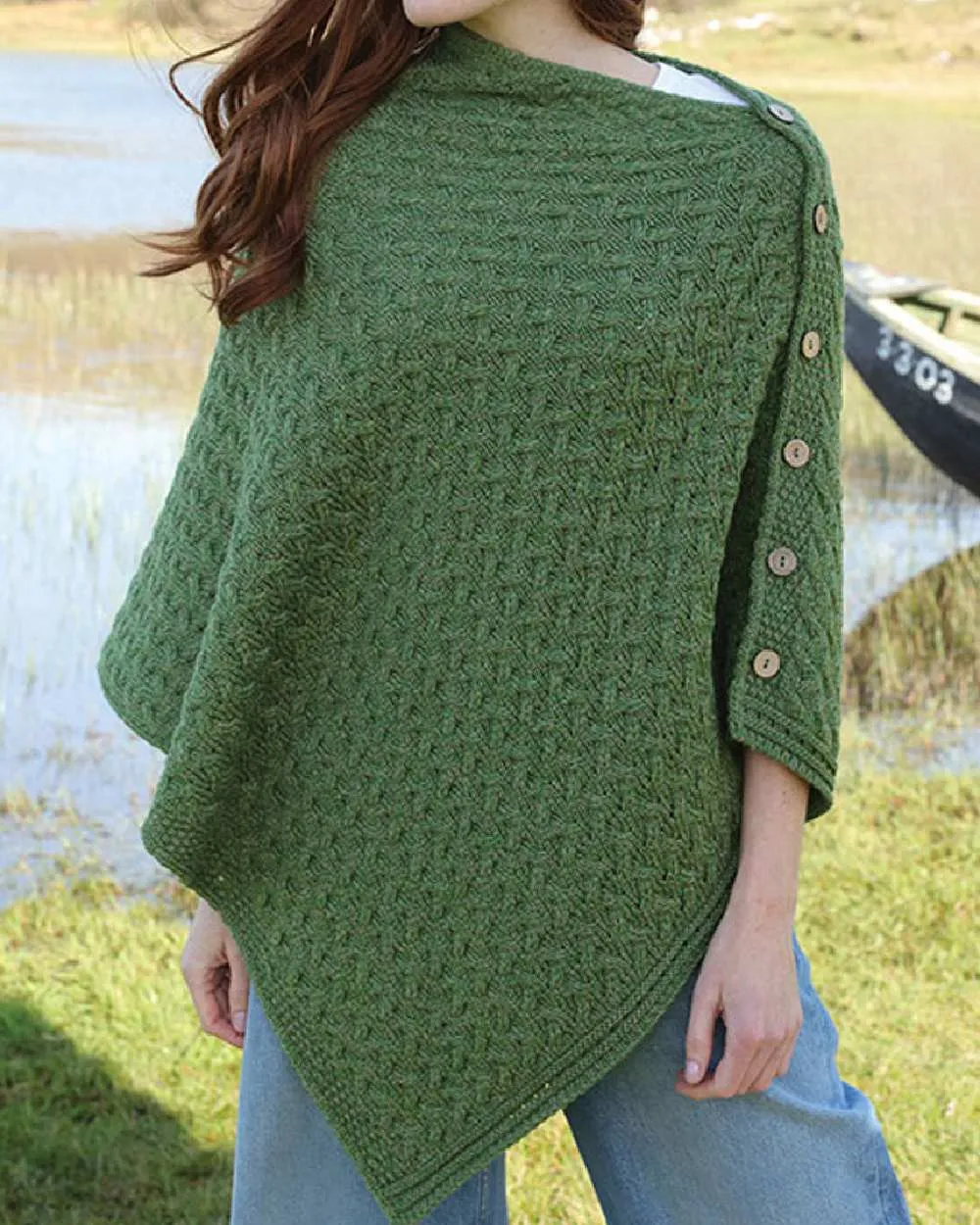 Aran Merino Wool Knit Button Poncho