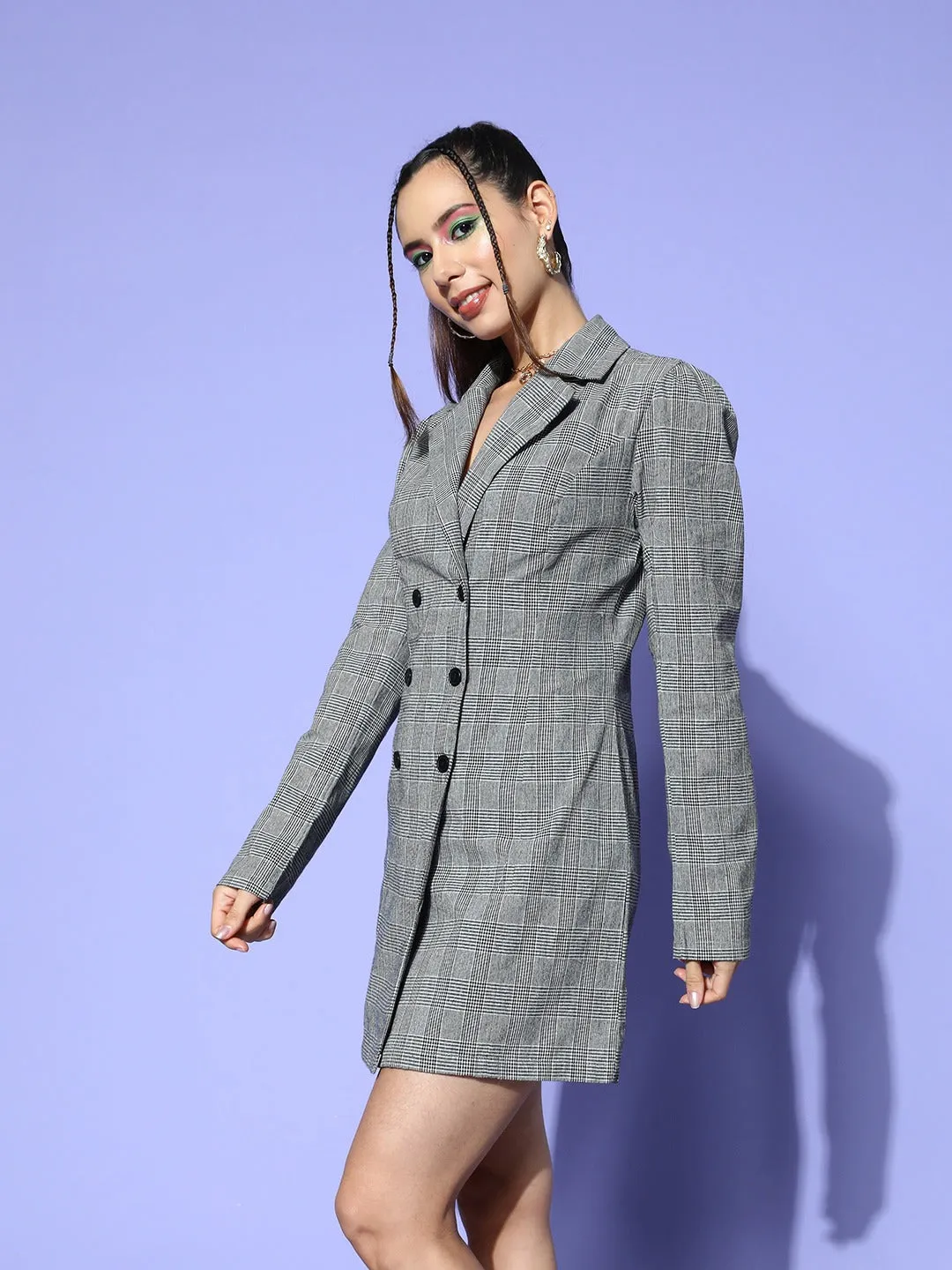 Berrylush Women Grey Checked Pattern Shirt Collar Neck Long Sleeves Cotton Button-Up Mini Blazer Dress