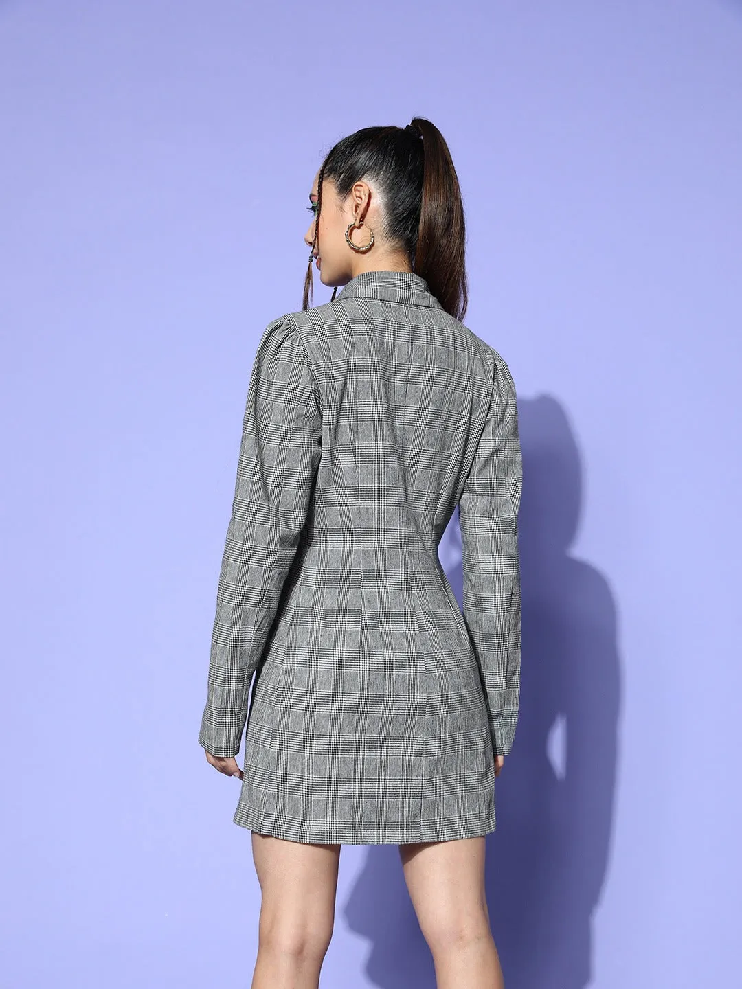 Berrylush Women Grey Checked Pattern Shirt Collar Neck Long Sleeves Cotton Button-Up Mini Blazer Dress