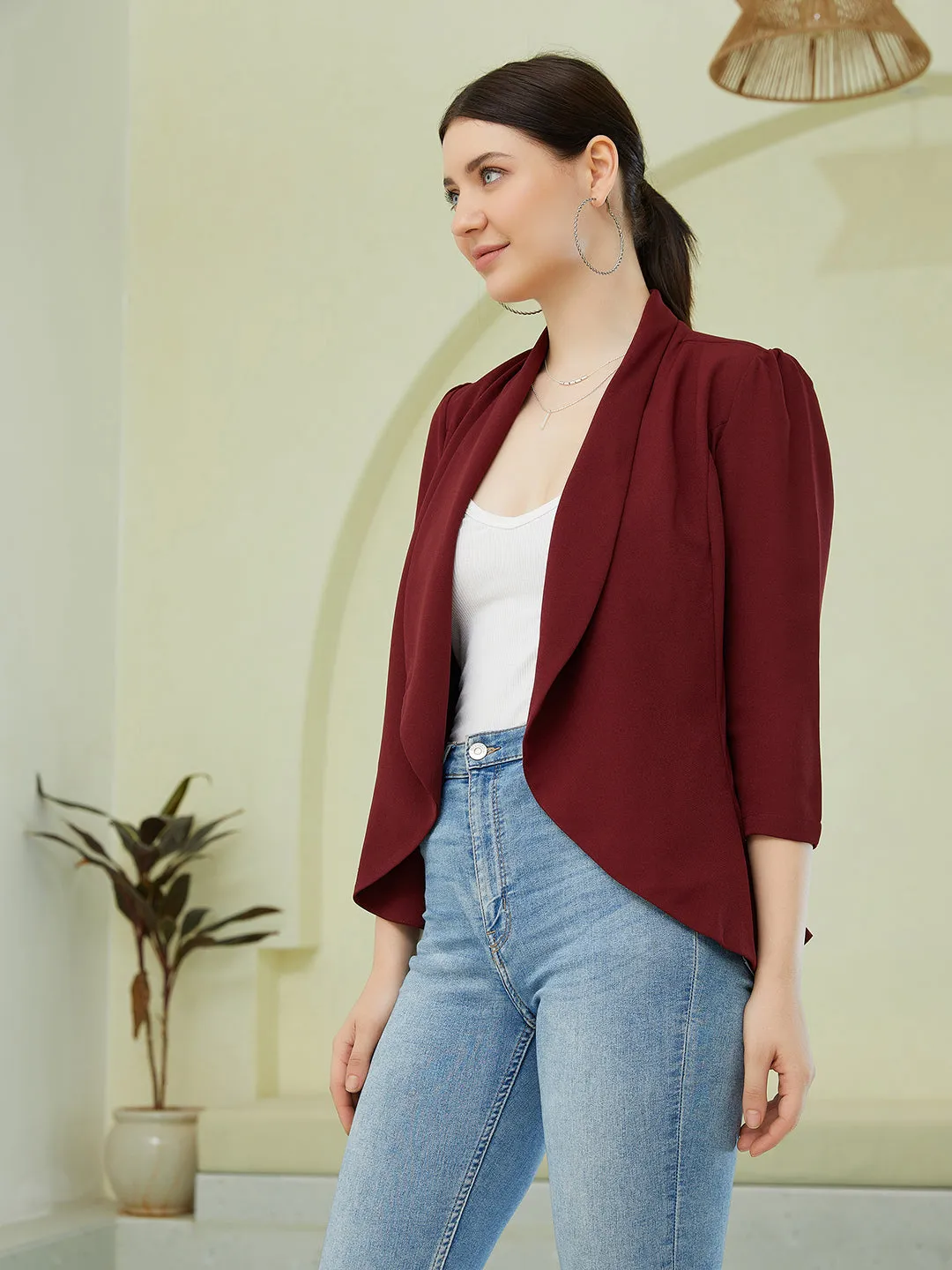 Berrylush Women Solid Maroon Shawl Collar Neck Long Sleeves Open-Front Regular Blazer