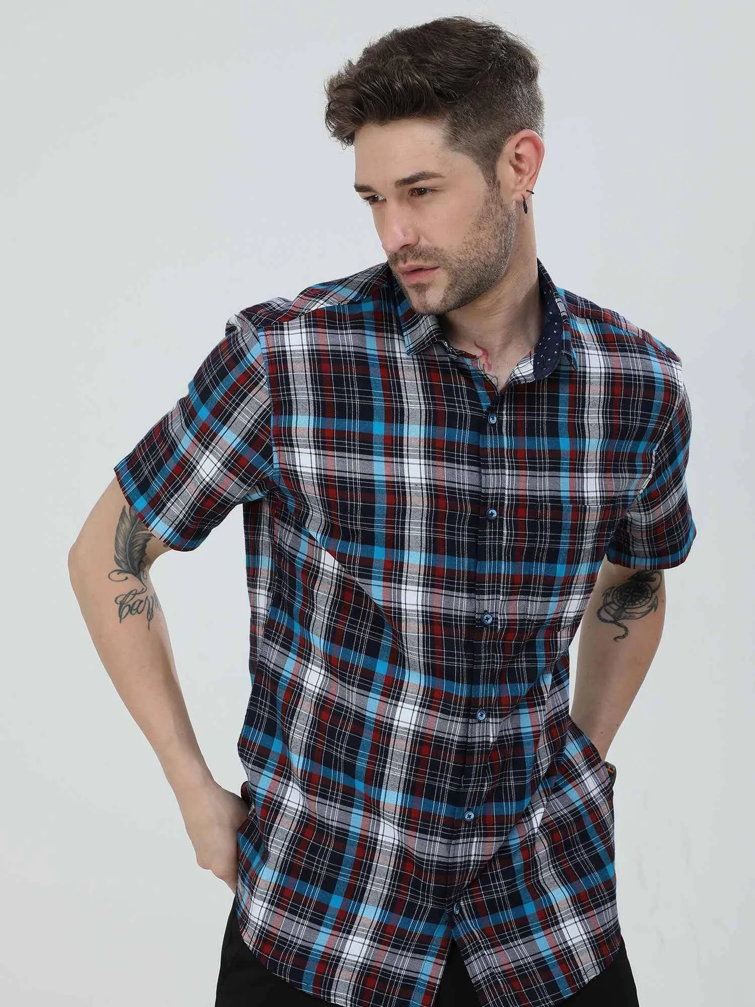 Black blue Red Checkered Half Shirt Men's Plus Size