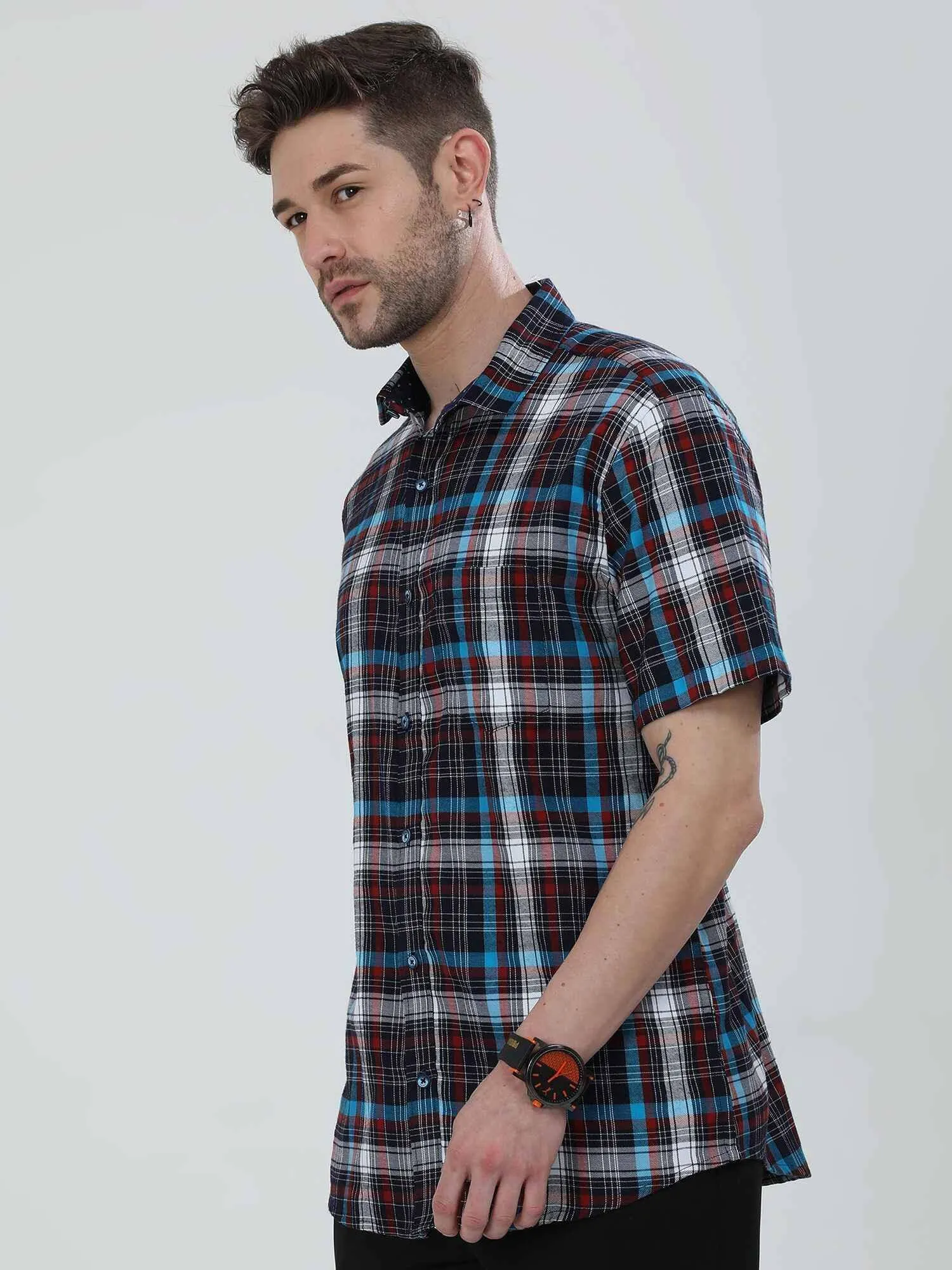 Black blue Red Checkered Half Shirt Men's Plus Size