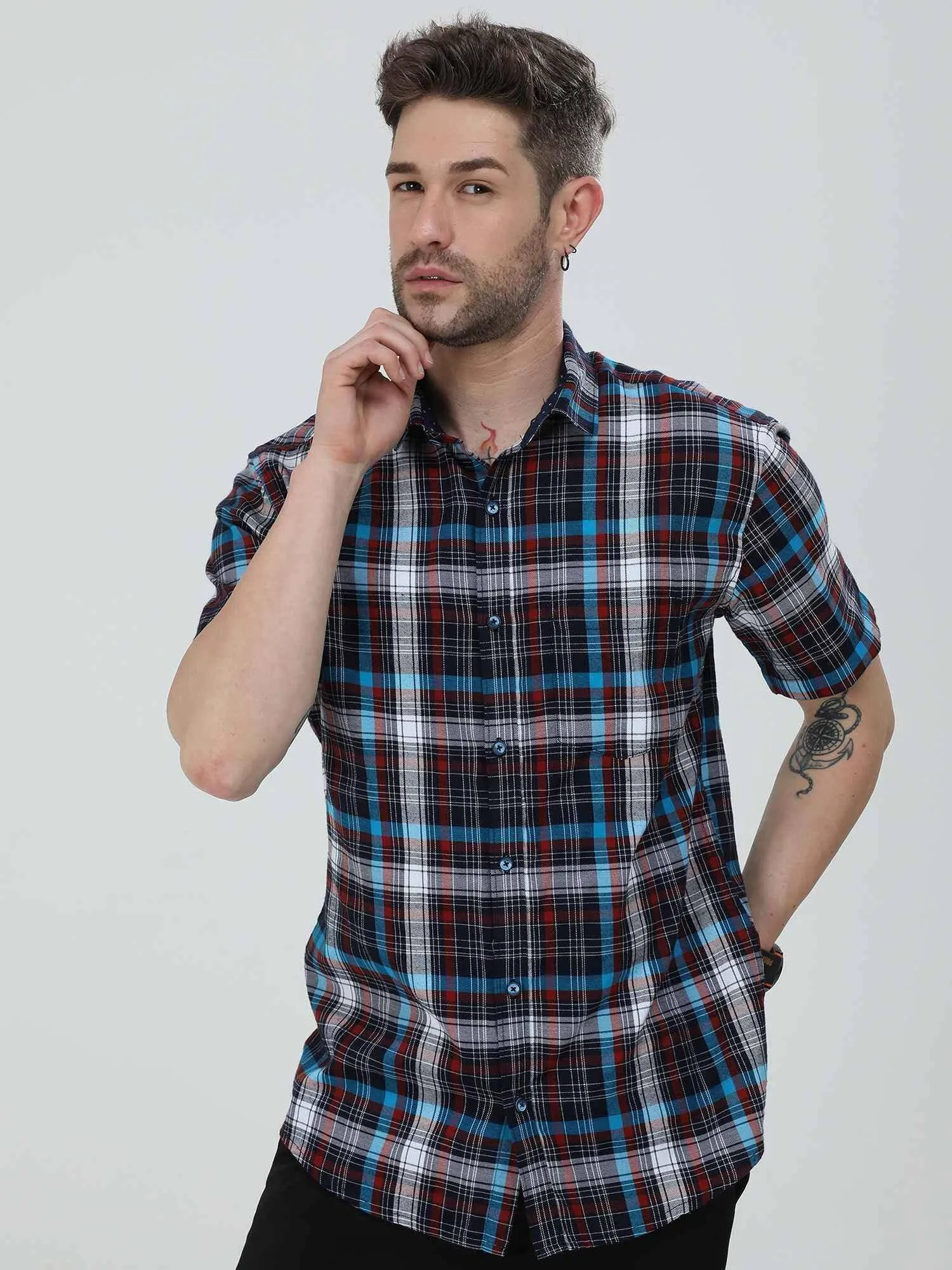 Black blue Red Checkered Half Shirt Men's Plus Size