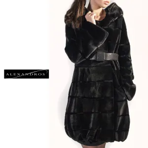 Black Sheared Mink Coat with Belt and Grooved Pattern