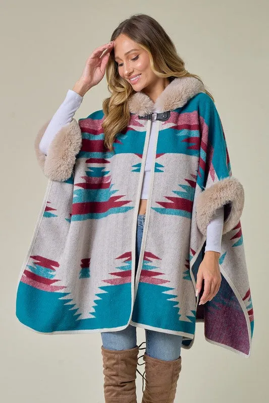 Blue Taupe Wine Plaid Poncho Taupe Faux Fur