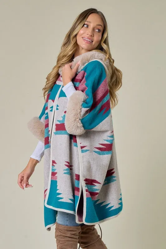 Blue Taupe Wine Plaid Poncho Taupe Faux Fur