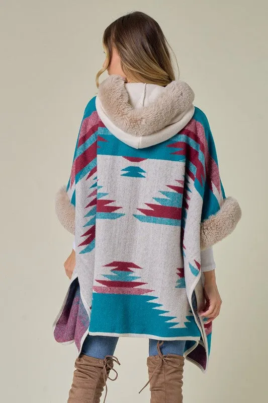 Blue Taupe Wine Plaid Poncho Taupe Faux Fur