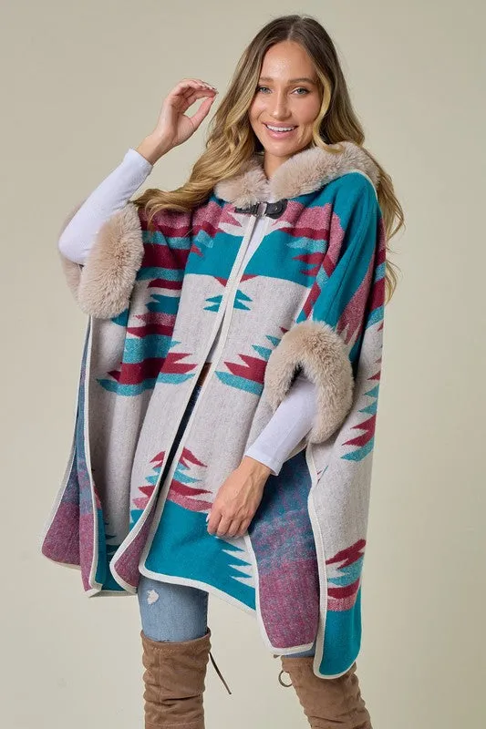 Blue Taupe Wine Plaid Poncho Taupe Faux Fur