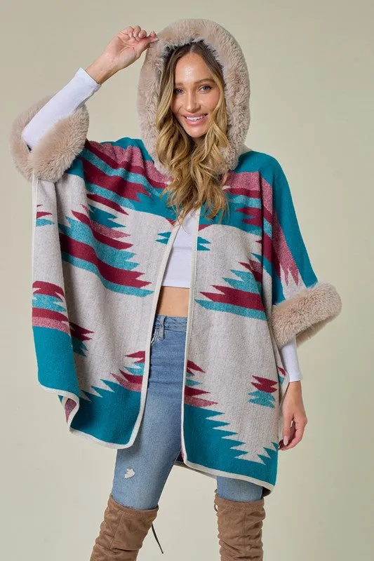 Blue Taupe Wine Plaid Poncho Taupe Faux Fur