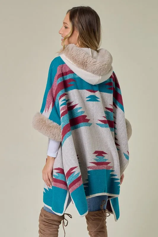 Blue Taupe Wine Plaid Poncho Taupe Faux Fur