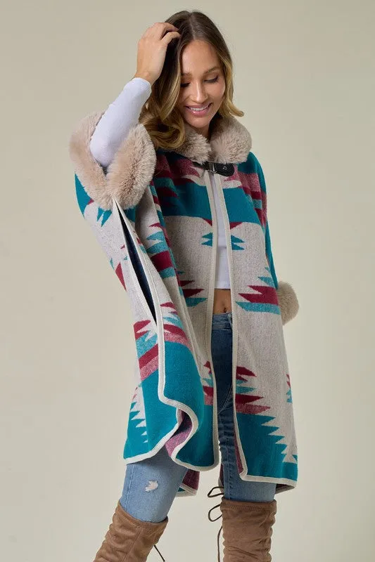 Blue Taupe Wine Plaid Poncho Taupe Faux Fur