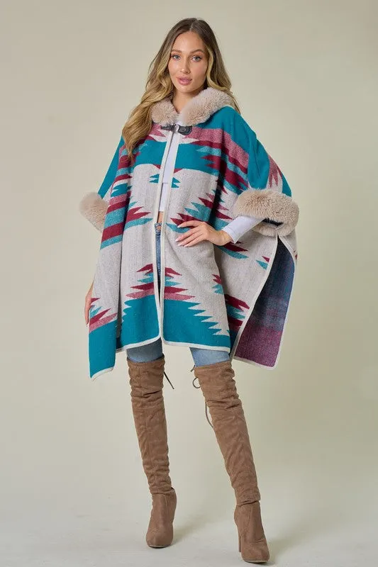 Blue Taupe Wine Plaid Poncho Taupe Faux Fur