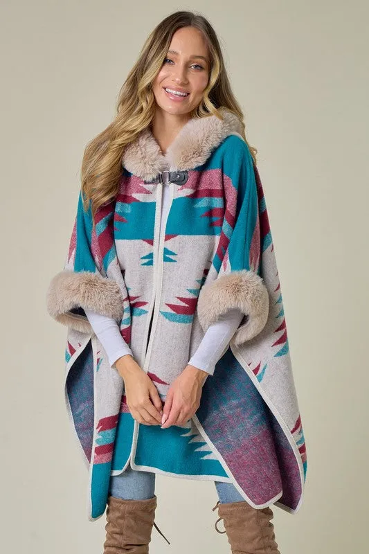 Blue Taupe Wine Plaid Poncho Taupe Faux Fur