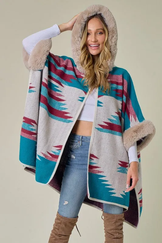 Blue Taupe Wine Plaid Poncho Taupe Faux Fur