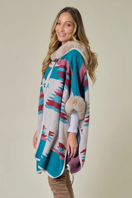 Blue Taupe Wine Plaid Poncho Taupe Faux Fur