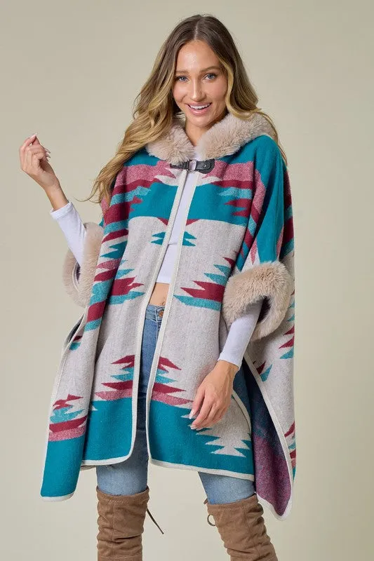 Blue Taupe Wine Plaid Poncho Taupe Faux Fur