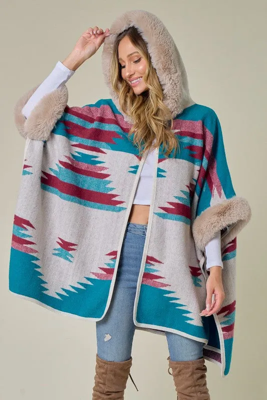 Blue Taupe Wine Plaid Poncho Taupe Faux Fur