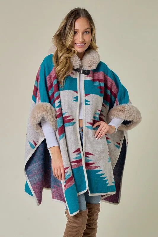 Blue Taupe Wine Plaid Poncho Taupe Faux Fur