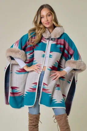 Blue Taupe Wine Plaid Poncho Taupe Faux Fur