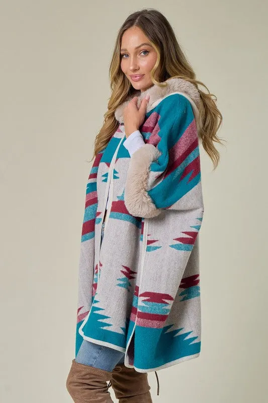 Blue Taupe Wine Plaid Poncho Taupe Faux Fur