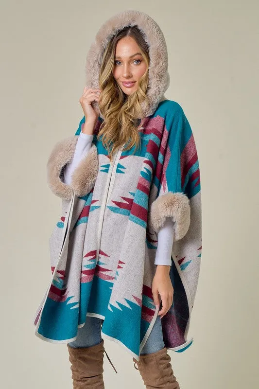 Blue Taupe Wine Plaid Poncho Taupe Faux Fur