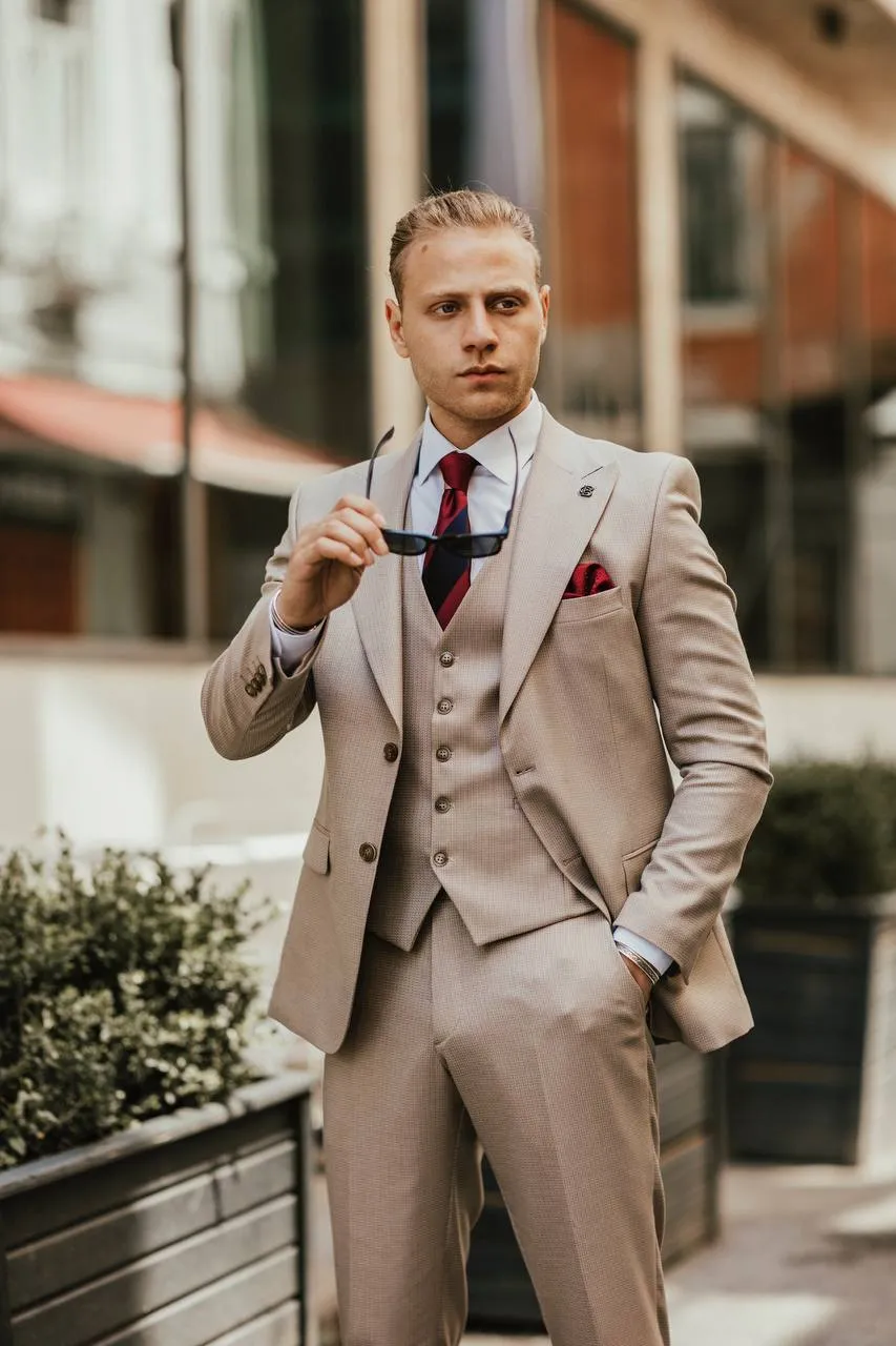 Bojoni Cagliari Beige Striped Slim-Fit Suit 3-Piece