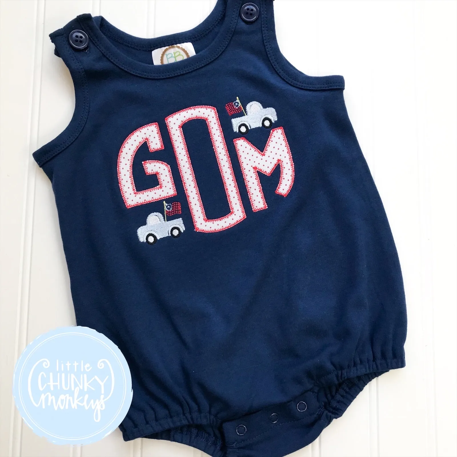 Boy Sun Bubble - Applique Circle Monogram with patriotic trucks on a Navy Sun Bubble