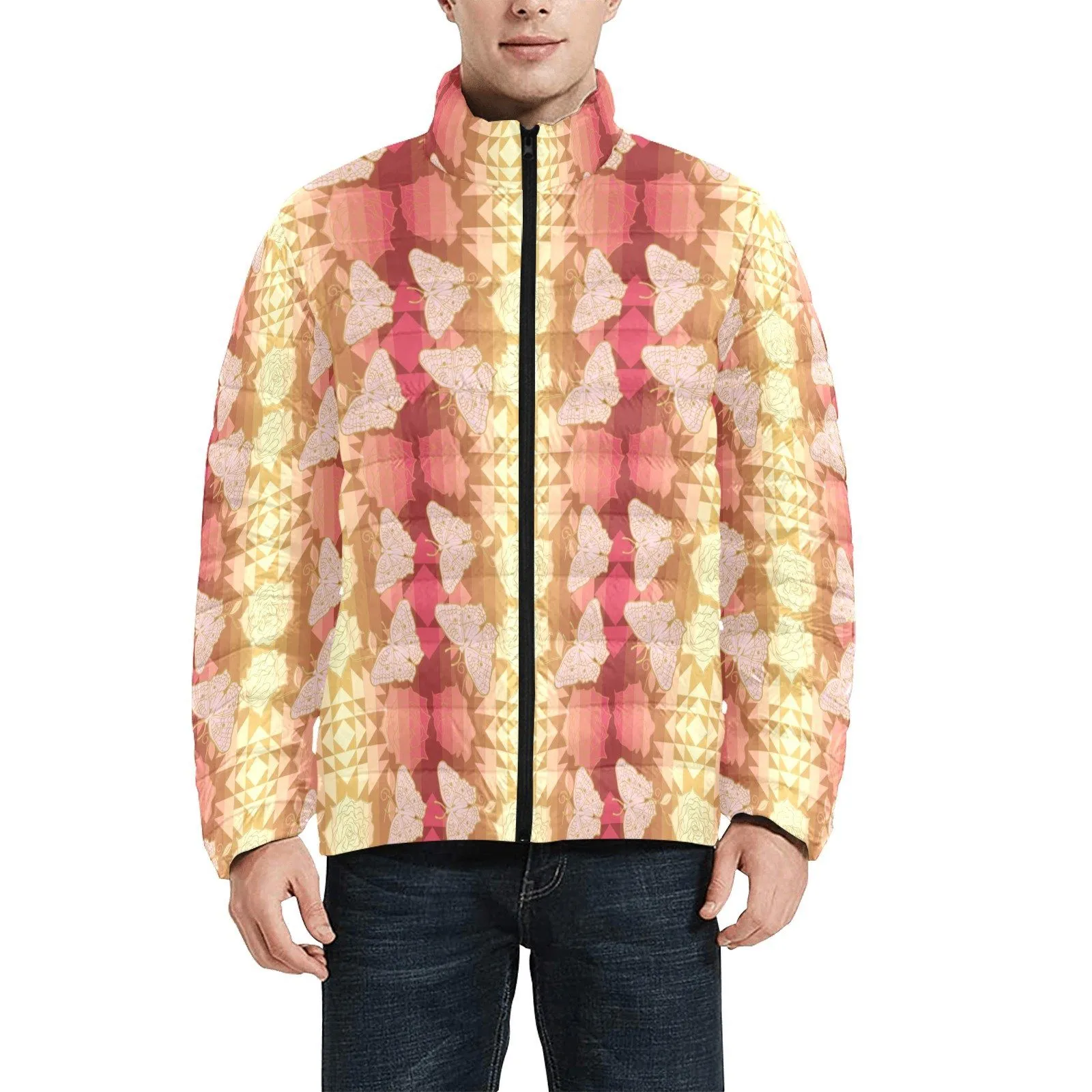 Butterfly and Roses on Geometric Men's Stand Collar Padded Jacket