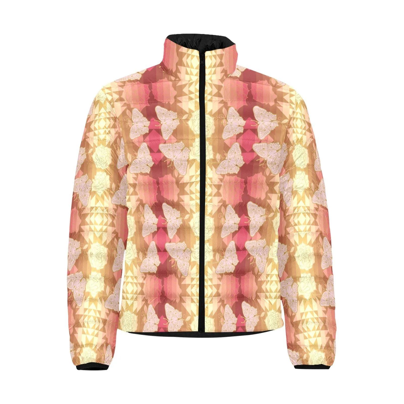 Butterfly and Roses on Geometric Men's Stand Collar Padded Jacket