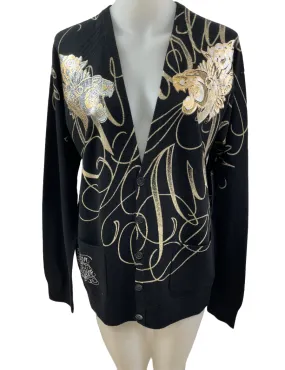 Cardigan en tricot avec appliqués aux tons dorés - signé Christian Audigier