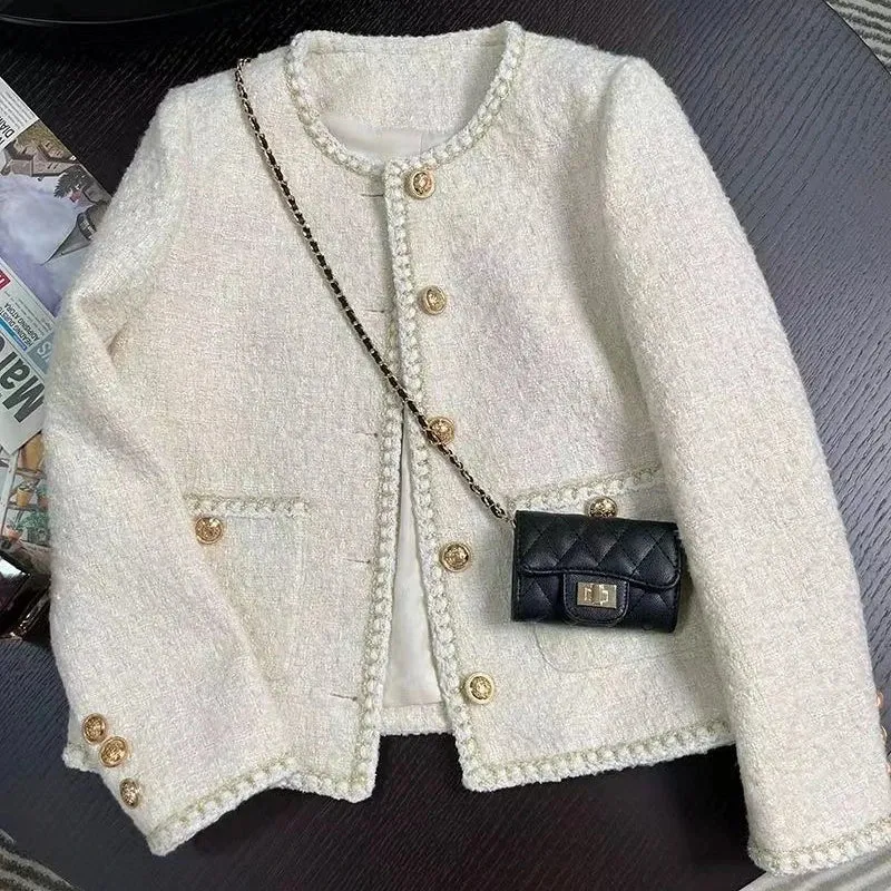 Classic White  Round Neck Woolen Tweed Jacket