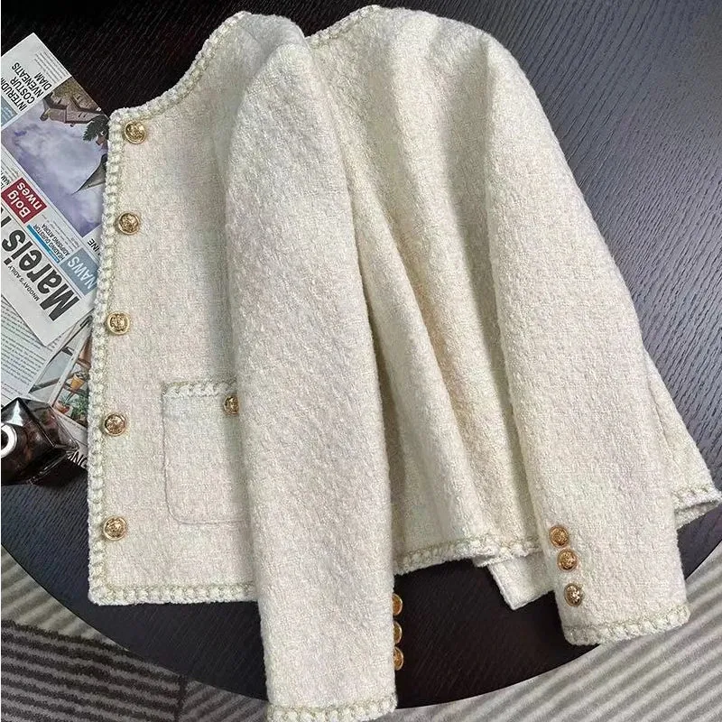 Classic White  Round Neck Woolen Tweed Jacket